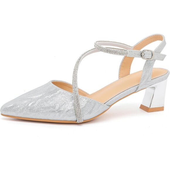 Dadawen Women's Champagne Closed Pointed Toe Low Chunky Heels Pumps Ankle Strap - Picture 1 of 7